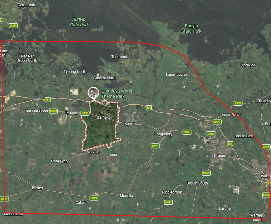 Satellite map supplied by the client showing the approximate delivery coverage outlined in red
